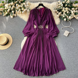 Vintage V-neck Puff Sleeve Nail Drill Dress