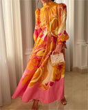 Orange Powder Print Long Sleeve Elegant Dress