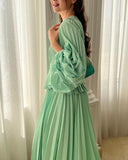 Solid Green Pleated Bubble Sleeve Dress