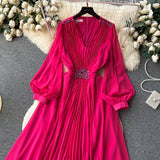 Vintage V-neck Puff Sleeve Nail Drill Dress