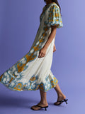 Puff Sleeve Printed Patchwork Midi Dress