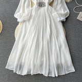 Vintage V-neck Puff Sleeve Nail Drill Dress