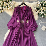 Vintage V-neck Puff Sleeve Nail Drill Dress