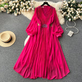 Vintage V-neck Puff Sleeve Nail Drill Dress