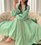 Solid Green Pleated Bubble Sleeve Dress