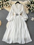 Vintage V-neck Puff Sleeve Nail Drill Dress