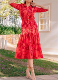 Red Print Elegant Midi Dress