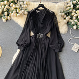 Vintage V-neck Puff Sleeve Nail Drill Dress