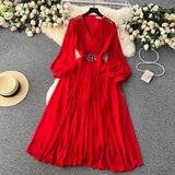 Vintage V-neck Puff Sleeve Nail Drill Dress