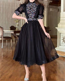 Black Printed Waisted Midi Dress
