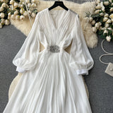 Vintage V-neck Puff Sleeve Nail Drill Dress