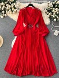 Vintage V-neck Puff Sleeve Nail Drill Dress