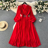 Vintage V-neck Puff Sleeve Nail Drill Dress