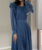 Blue Chiffon Pleated Long-Sleeve Dress