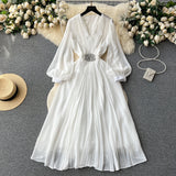 Vintage V-neck Puff Sleeve Nail Drill Dress