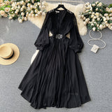 Vintage V-neck Puff Sleeve Nail Drill Dress