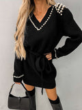 Pearl-decorated Knitted V Neck Lace Up Dress