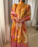 Orange Powder Print Long Sleeve Elegant Dress