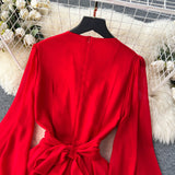 Vintage V-neck Puff Sleeve Nail Drill Dress