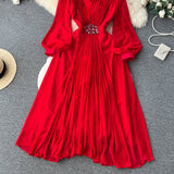 Vintage V-neck Puff Sleeve Nail Drill Dress