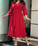 Red Belted Elegant Midi Dress