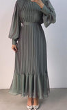 Multicolor Pleated Long Sleeve Chiffon Dress