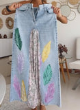 Multicolor Leaf Print Denim Halter Skirt