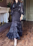 Black Pleated Fishtail Elegant Dress