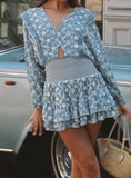 Blue And White Printed Long Sleeve Short Dress