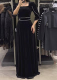 Black Elegant Square Neck Diamond Embellished Seven Sleeve Dress