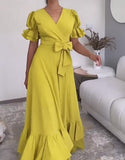 Yellow Short Sleeve V-Neck Elegant Long Dress