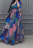 Blue Printed Patchwork Long Dress