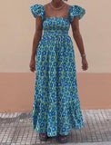 Blue-Green Floral Square-Neck Dress