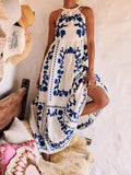 Blue Printed Sleeveless Maxi Dress