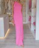 Pink One Shoulder Slit Dress