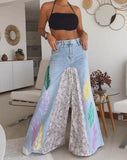 Multicolor Leaf Print Denim Halter Skirt