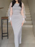 Gray Gauze Sleeve Slim Elegant Dress