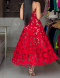 Red Lace Floral Halter Dress