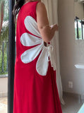 White Floral Sleeveless Red Dress