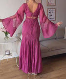 Pink Lace V-Neck Elegant Slim Long Dresses