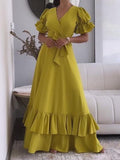 Yellow Short Sleeve V-Neck Elegant Long Dress