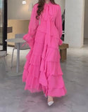 Pink Layered Long Sleeve Maxi Dress