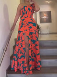 Orange Printed One Shoulder Slit Dress