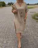 Solid Color Round Neck Linen Dress