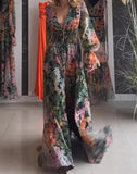 Dark Green Printed Elegant Long Dress