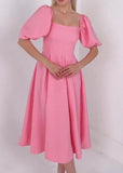 Pink Square Collar Puff Sleeve Dress