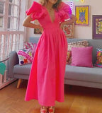 Pink Bubble Sleeve V-Neck Elegant Dress