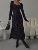 Black Square Collar Print Elegant Dress