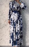 Blue And White Printed Vintage Long Sleeve Dress
