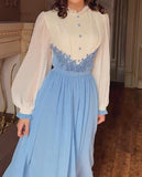 White And Blue Patchwork Elegant Dress